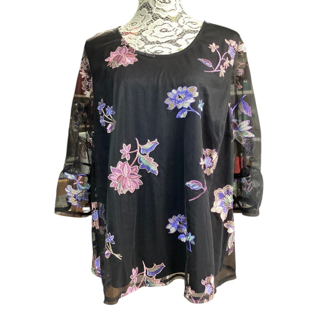 Catherine’s Floral Embroidered Mesh Overlay Top Blouse Sz 1XP Black